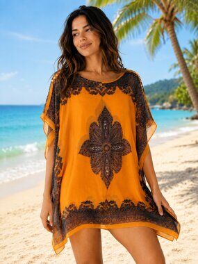 100% Silk Paisley Caftan Tunic Cover Up Orange Purple Boho One Size